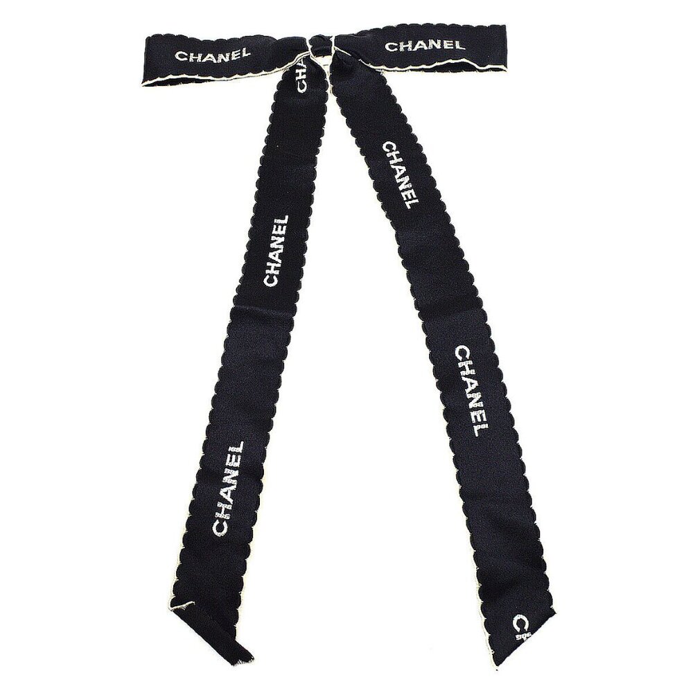 CHANEL CC Logos Ribbon Bow Motif Brooch Pin Corsage Black White Satin 92603